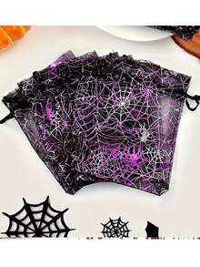 10pcs Halloween Drawstring Gauze Bags - Spider Web Print Bags, (Spider Web, Bat, Pumpkin) Candy Jewelry Gift Bags, Drawstring Mesh Gift Bags, Multi-Color Printed Packaging Candy Bags, Holiday Gift Bags, Jewelry Storage Bags, Event Party Gift Bags - Halloween, Christmas, Thanksgiving Family Friends Holiday Party - Gift Storage, Handmade Enthusiast Gift - Multiple Styles - View 1