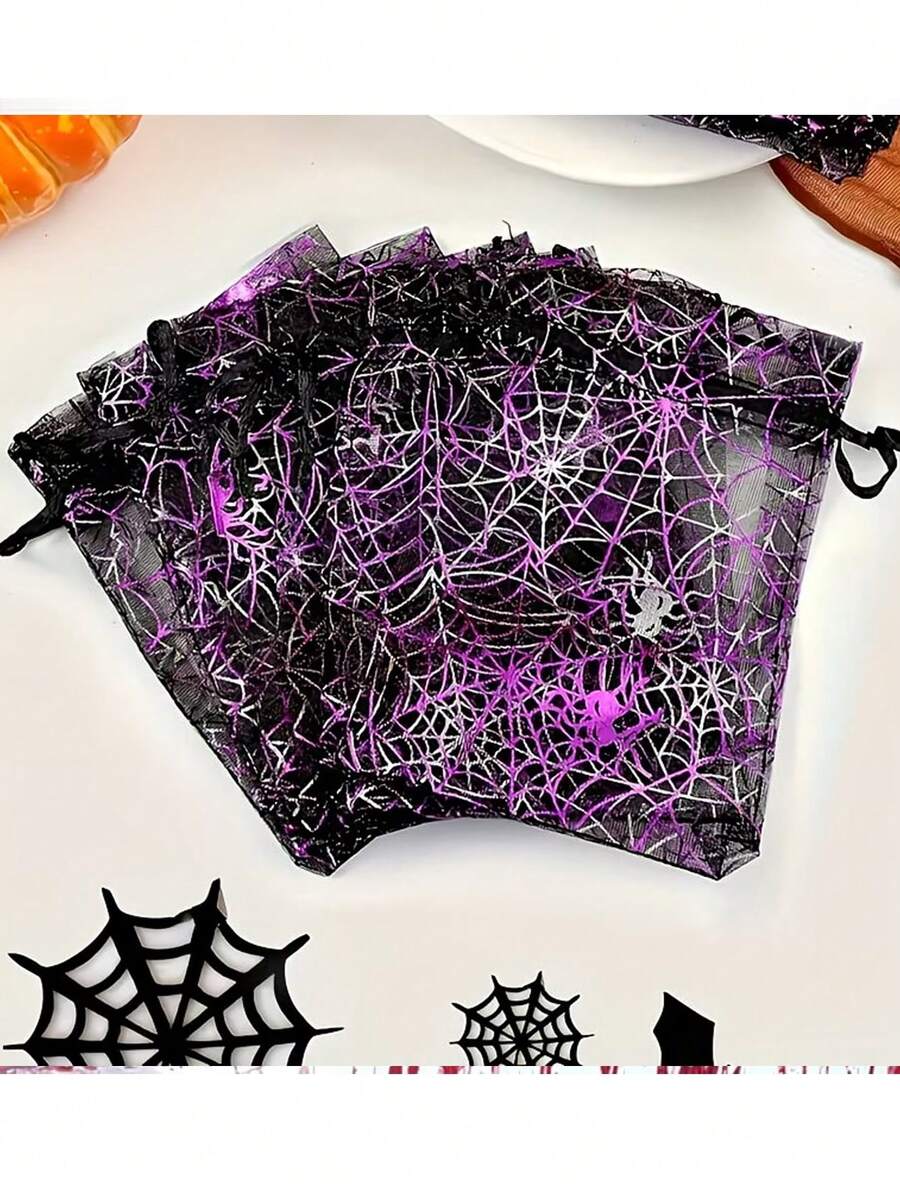 10pcs Halloween Drawstring Gauze Bags - Spider Web Print Bags, (Spider Web, Bat, Pumpkin) Candy Jewelry Gift Bags, Drawstring Mesh Gift Bags, Multi-Color Printed Packaging Candy Bags, Holiday Gift Bags, Jewelry Storage Bags, Event Party Gift Bags - Halloween, Christmas, Thanksgiving Family Friends Holiday Party - Gift Storage, Handmade Enthusiast Gift - Multiple Styles - View 1