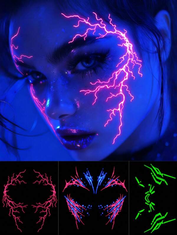 3 fogli di tatuaggi temporanei per il viso che brillano al buio, adesivi per trucco neon a luce nera impermeabili stile Y2K, accessori per Ognissanti, feste neon, cosplay, festival e rave
