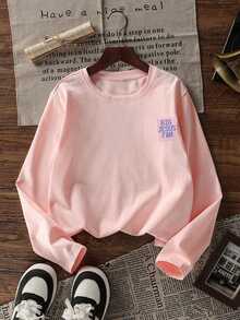 Tween Girl 1pc Printed Long Sleeve T-Shirt, Suitable For Girls' Autumn/Winter Tops, Young Student Children's Clothing, Suitable For Outerwear And Layering - Pink - View 4