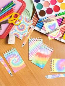 12pcs-Mini Tie-Dye Notebooks And Matching Ballpoint Pens. Colorful Style Pocket Notebooks And Ballpoint Pens, Back To School - Multicolor - View 2