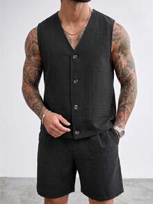 Herren Old Money Stil Lässig Set, Sommer Neu Herren Kunstleinen V-Ausschnitt ärmellose Weste und Lässig Shorts Set, minimalistisches schlankmachendes Outfit, Herren Lässig Hemd und Hose 2-teiliges Set - Schwarz - Übersicht 2