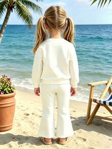 Baby Girl Letter Print Crew Neck Sweatshirt And Flare Pants - White - View 2