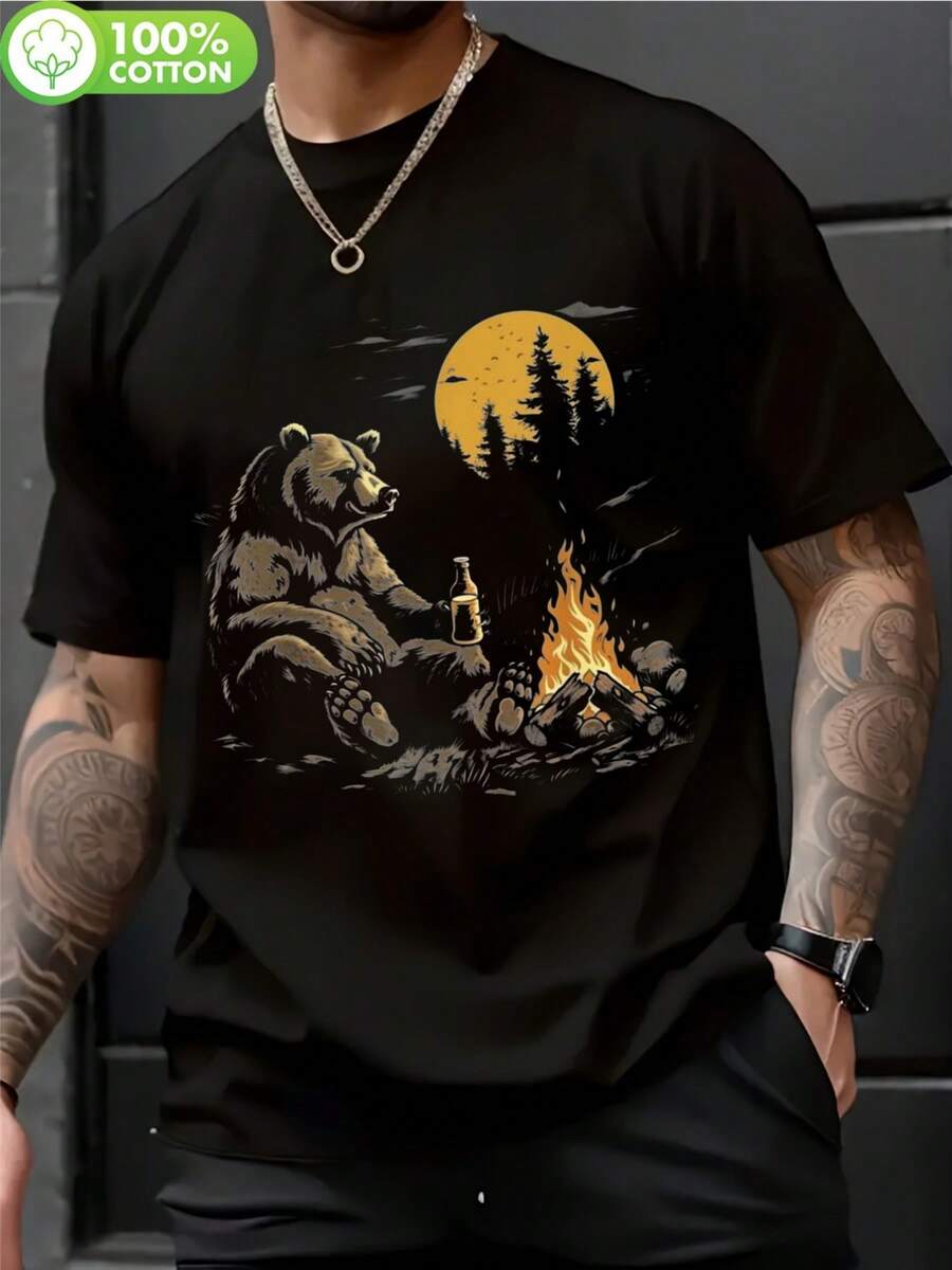 Fogata en el Cielo Nocturno, 100% Algodón, Corte Regular, Casual, Ideal para Senderismo, Gimnasio y Camping, Equipo de Camping, Ropa de Camping, Estampado Inspirado en la Naturaleza, Bre.jpg - Negro - Ver 1