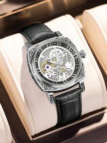 Men's Black Zinc Alloy Business Style Luminous Engraved Automatic Tourbillon Skeleton Mechanical Watch - Black - View 5