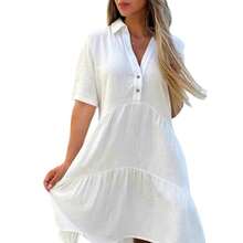 Ropa femenina transfronteriza de estilo europeo y americano, vestido casual de manga corta de algodón y lino, de corte holgado, color liso y con cuello vuelto. - Rosa Fucsia - Ver 5