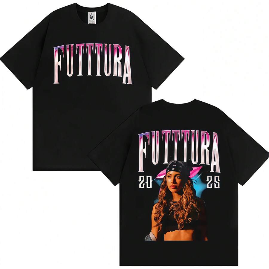 Unisex Tini Stoessel Futtura Tour T-Shirt, Harajuku Style, Futtura Album Print, High-Quality Cotton, Short Sleeves, Oversized Streetwear Fit For Men And Women - Black - View 1