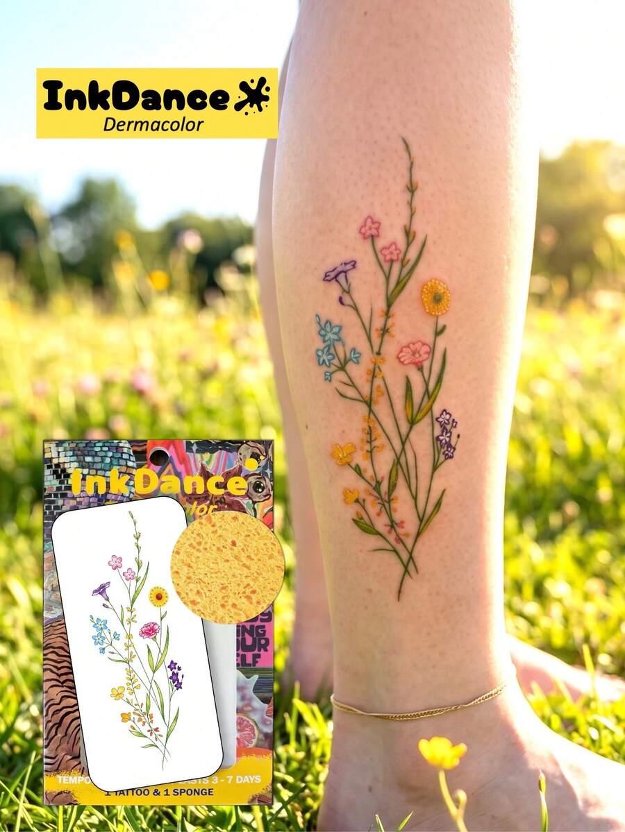 1 Kit "Colorful Wildflower Bouquet" Temporary Tattoos, Floral Stem Fake Tattoos, Fine Line Waterproof, Authentic Tattoo Look, Colorful, Easy To Apply And Remove CSD077 - Multicolor - View 1