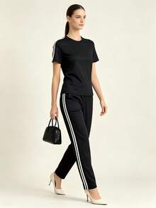 Vintage Striped Athletic Set, Women's 2 Piece Sportswear With T-Shirt & Straight Leg Pants - Black - View 3