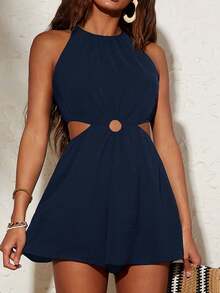 Vestido corto de verano de nuevo estilo, con cuello halter, sin mangas, con corte en la cintura y color sólido. - Rosa Fucsia - Ver 8
