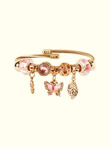 Popjeli 1pc Stainless Steel Bracelet With Colorful Butterfly, Leaf & Daisy Charm - Gold Pink - View 8