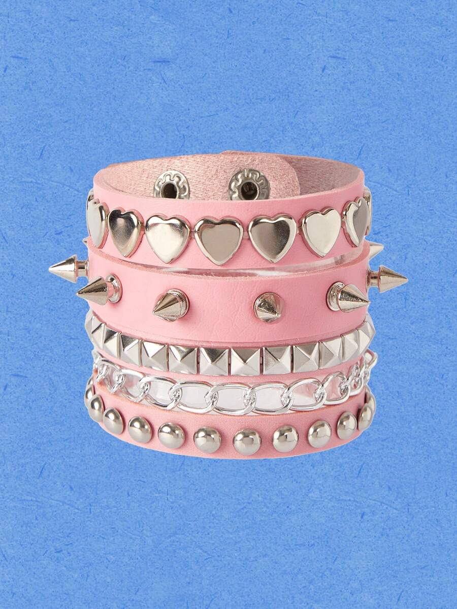 Popjeli Fashionable Rivet Pink Y2K Bracelet - Style 1 - View 1