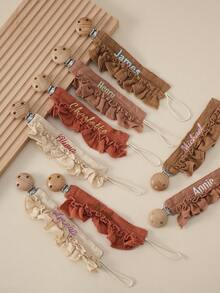 1pc Personalized Custom Embroidered Name Baby Pacifier Chain Wooden Dummy Holder Anti-Drop Nipple Clip Infant Soother Strap Baby Essentials - Multicolor - View 3