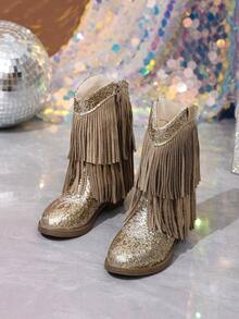 NILOSH Girls' Glitter Tassel Denim Boots, Western Mid-Calf Boots, Suitable For Parties, Dancing And Performances - Gold - View 4