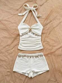 Conjunto de 2 piezas de top halter con estrellas de mar y shorts para vacaciones en la playa de mujer - Amarillo - Ver 6