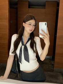 Atasan Sweater 2 in 1 Model Korea Elegan, Potongan Pendek Slim Fit, Leher V, Kasual, Warna Putih untuk Musim Panas - Putih - View 5
