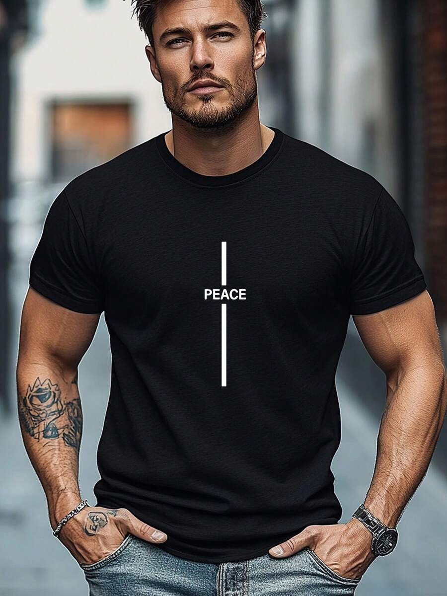 Camiseta de hombre, cómoda y versátil, sencilla y elegante, camiseta de verano con estampado PEA y cuello redondo para hombre. - Negro - Ver 1