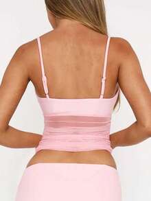 Women Solid Ruched Mesh Patchwork Sheer Strap Crop Camis Sexy Tops Spring/Summer/Autumn - Pink - View 6