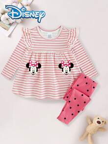 【官方迪士尼授權】Disney Minnie 2件組女嬰春夏/秋冬休閒長褲套裝，可愛卡通「米妮鼠」條紋印花寬下擺長袖上衣 + 鬆緊腰波點滿版印花直筒長褲，兒童日常居家戶外休閒娛樂親膚童裝，時尚青春活力俏皮可愛女童服飾，完美節日禮物 - 粉色 - 查看 1