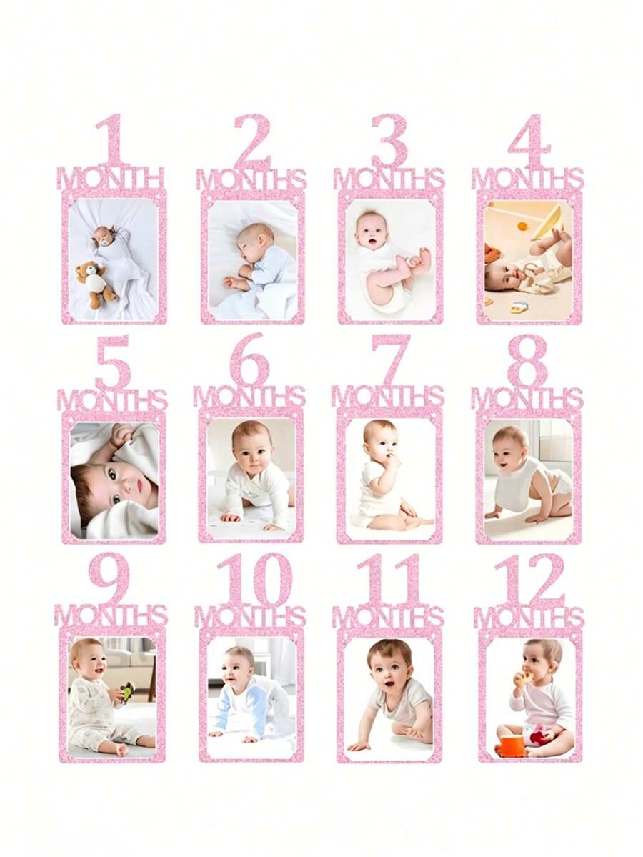 1st Birthday Photo Banner, Gold Glitter Growth Milestone Cards (1-12 Months), Monthly Milestone Photo Decoration Bunting, 1st Birthday Celebration Decoration Supplies - Multicolor - View 1