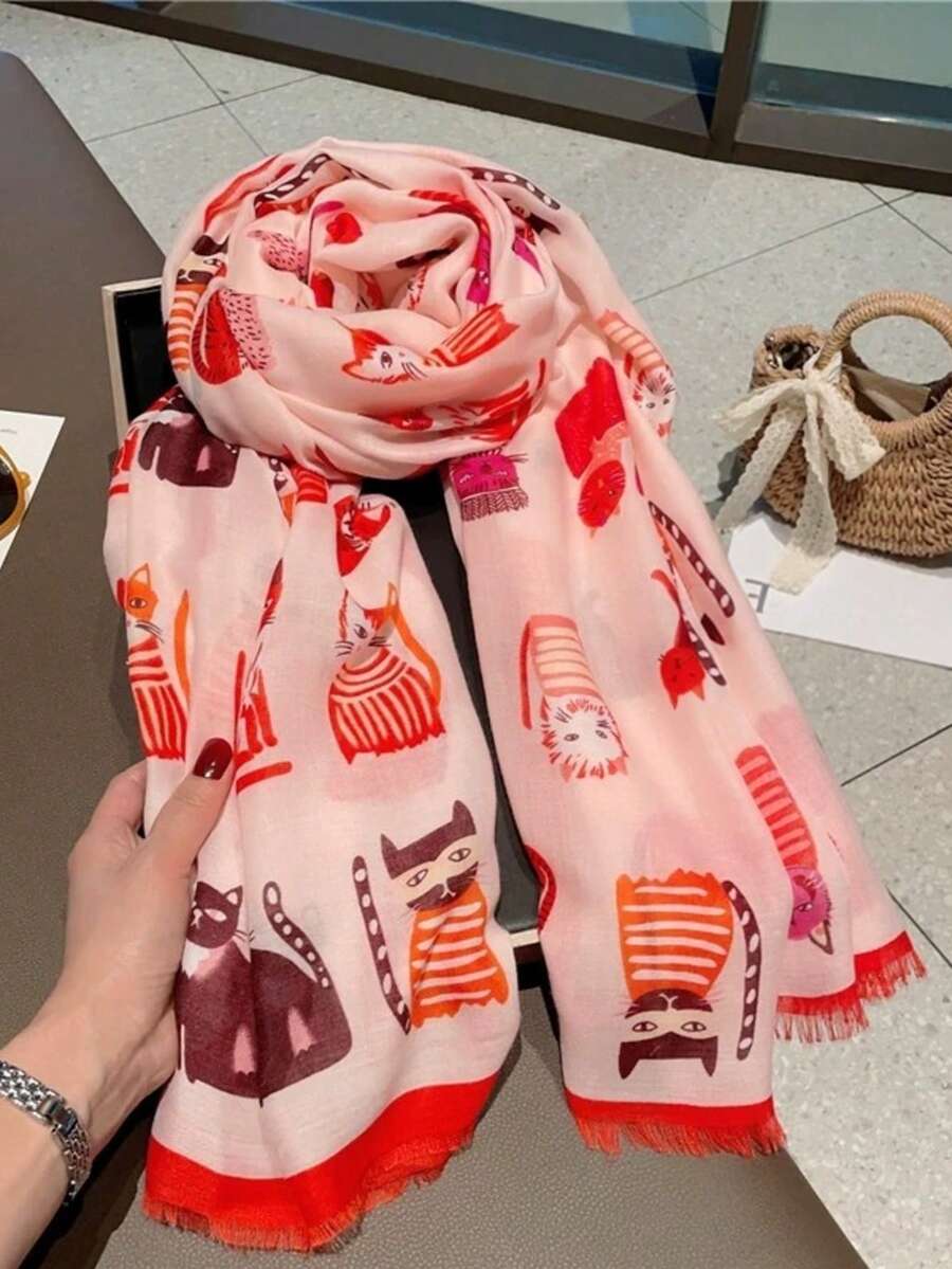 1件紅色卡通貓絲巾女款 春秋百搭大披肩 夏季旅行防曬沙灘巾 薄款裝飾圍巾 - 紅色 - 查看 1