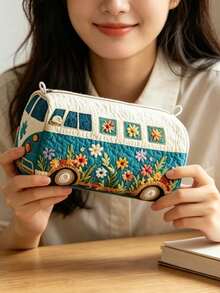 Quilted Makeup Bag, Floral Bus Design Cosmetic Organizer, Travel Storage Bag, Lightweight Foldable Storage Pouch, Zipper Closure, Washable Lining, Suitable For Makeup Brushes, Lipsticks, Skincare Bottles, Jewelry, Daily Organization, Overnight Trips, Vacations, Gym Lockers, Ideal For Travel Enthusiasts, Unique Birthday Gift, Holiday Gift, Party Gift, Vacation Gift, Back To School Gift, Anniversary Gift, Teacher Gift - Multicolor - View 9