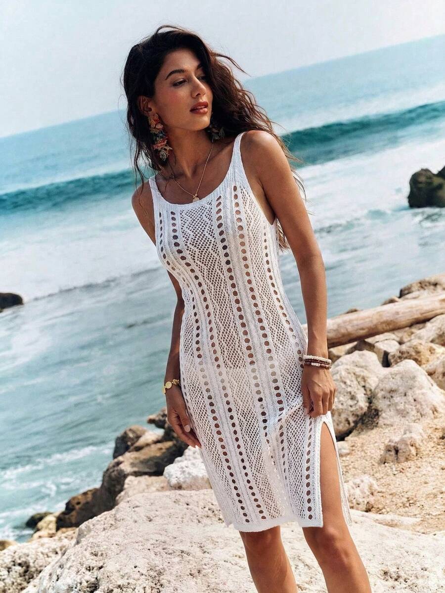 NZZOF New Women's Solid Color Spring/Summer Crochet Hollow Out Side Slit Cover-Up (Bikini Not Included) Vacation White Beach - White - View 1