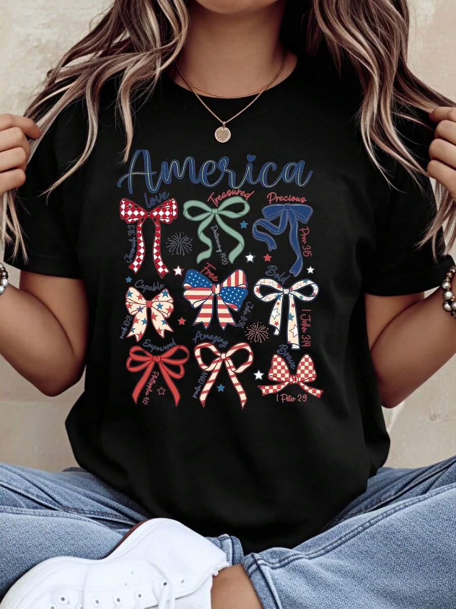 Women's "America Loves Treasured Precious" Patriotic T-Shirt With Bow, Independence Day/Quarter-July Celebration Clothing, Stars And Stripes Design In Red, White, And A - 黑色 - 查看 1
