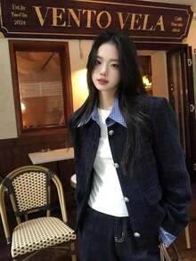 Contrast Plaid Collar Button-Front Jacket, Long Sleeve Shirt-Style Coat With Decorative Pockets, Textured Fabric, Navy Blue Elegant Autumn/Winter Coat - Navy Blue - View 2