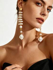 1 Pair Bohemian Vacation Style Gold-Plated Beaded Asymmetrical White Faux Pearl Long Dangle Earrings, Women's Daily Versatile Beach Party Holiday Elegant Jewelry - Golden Yellow+White - View 3