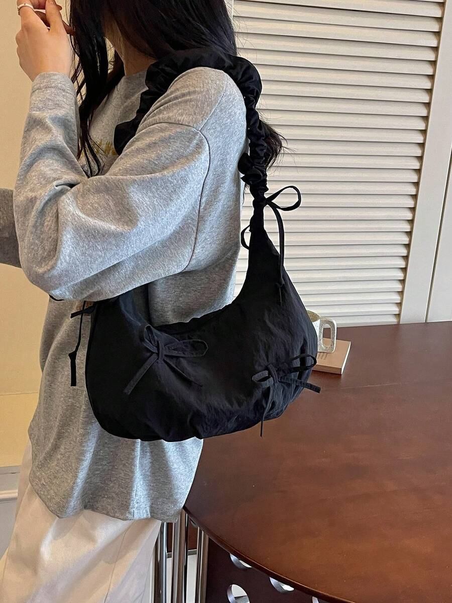 1件裝黑色蝴蝶結尼龍布料抓皺雲朵包,拉鍊開合,女款單肩斜跨手提托特包,四季適用,青春風格 - 黑色 - 查看 1