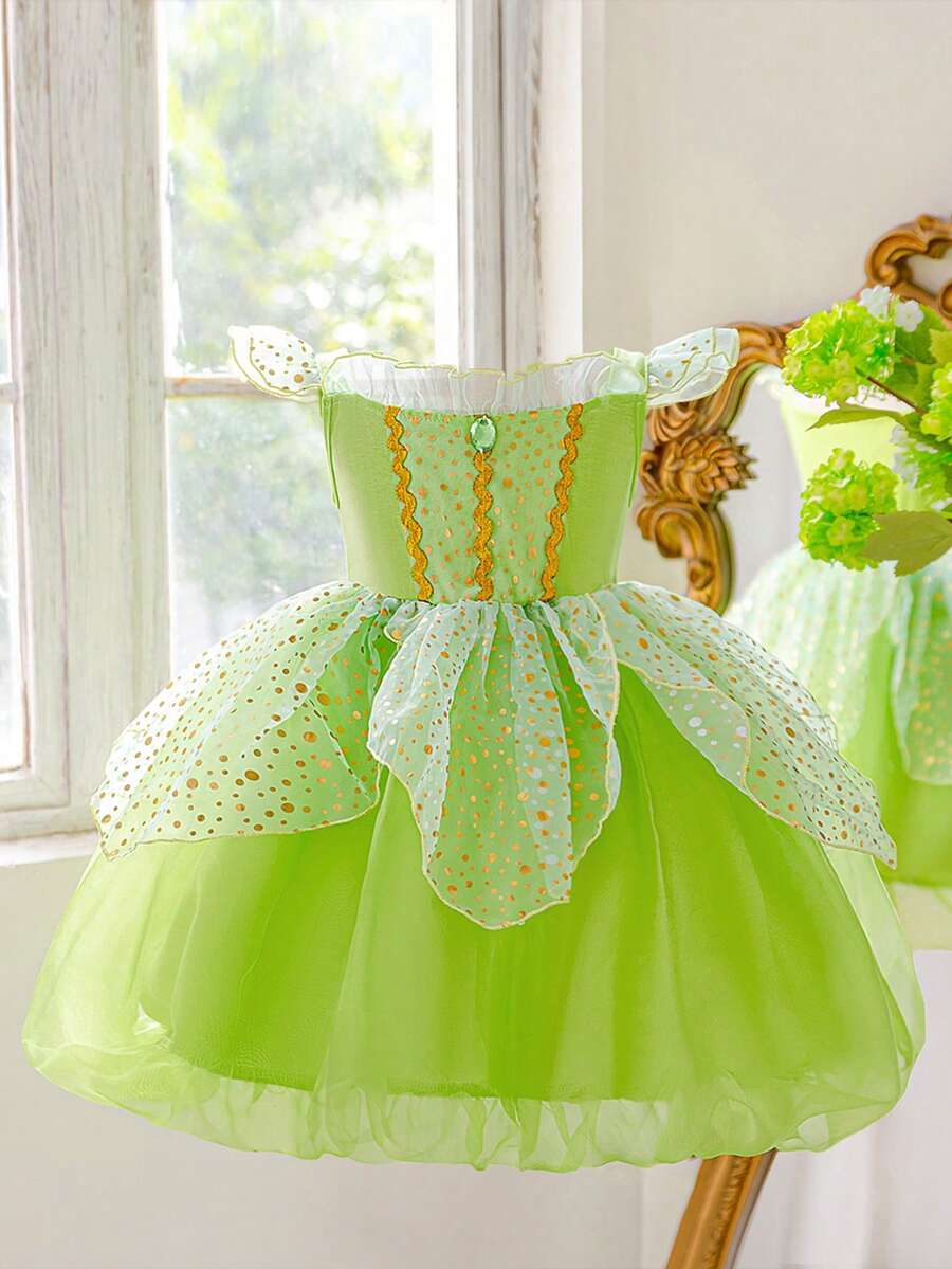 Young Girls Green Cap Sleeve Fairy Tulle Princess Dress, Elegant And For Party - Green - View 1