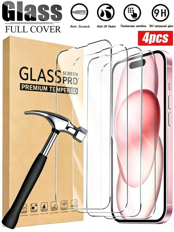 4pcs High Definition Tempered Glass Screen Protector, Compatible With IPhone 16/15/14/13/12/11/XR/XS/X/7/8/17/17 Air/17 Pro/17 Pro Max/17e, Shatterproof, Scratch-Resistant, Waterproof Tempered Glass Screen Protector, Dual-Layer Shatterproof Tempered Glass Screen Protector For IPhone, 9H Hardness, 99.99% HD Clarity, Suitable For Phone Cases