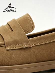 Salkin 經典設計師男士莫卡辛素色麂皮套腳便士樂福鞋，柔軟皮革紳士商務社交鞋，男士休閒鞋，適用於日常辦公、派對、情侶約會、浪漫晚餐、返校學生鞋，校園風，請選擇大一號 - 卡其色 - 查看 4