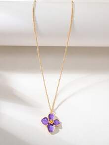1 Set Cute Sweet Vacation Style Enamel Flower Necklace, Bracelet And Earrings Set, Can Be Layered Or Worn Separately, Suitable For Holiday Travel, Dating, Beach Vacation And Daily Wear, - Purple - View 5