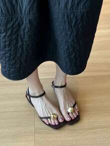 法式復古金屬腳趾綁帶女款涼鞋，夏季百搭極簡休閒細帶組合粗跟涼鞋 - 棕色 - 查看 7