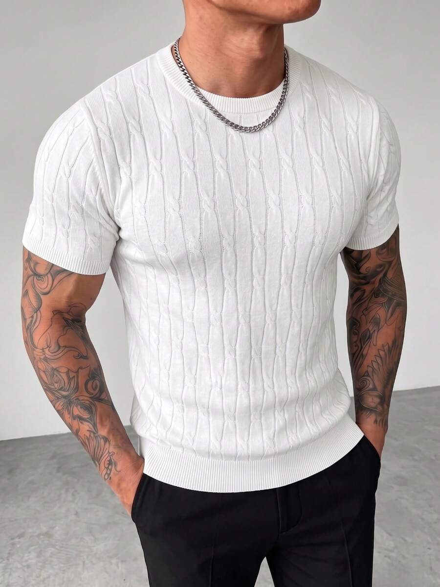 ZYNTH BALENO Men's Summer Fashion Crew Neck Cable Knit Slim Fit Short Sleeve Sweater, Suitable For Gym And Outdoor Sports - White - View 1