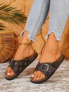 Louis Elegant Women's Shoes, New Summer Flat Sandals For Women, Cute Floral Print And Buckle Design, Open Toe Breathable Summer Slippers, Fashionable Vacation Style Beach Shoes, Elegant Women's Sandals, Faux Suede Insole With Arch Support Summer Sandals, Non-Slip Rubber Sole, Suitable For Vacation, Summer Street, Beach, Desert, Office, Apartment And Various Other Scenes, Versatile Brown Sandals For Women - Brown - View 4
