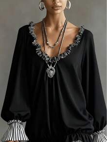 Retro Bohemian Elegant Loose Splice Black & White Striped Short Dress, Comfortable Casual Spring/Summer/Autumn - Black - View 3