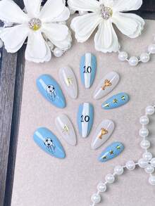 10 Pieces Of Handmade Press On Nails,Summer,World Cup Nails,Blue And Milky White Nails With Blue-White Vertical Stripe Design, Trophy,Number 10 Prints And Three Golden Star Metal Charms,Perfect For Game Watching,Daily Wear And Sports Party Occasions. - Dusty Blue - View 12