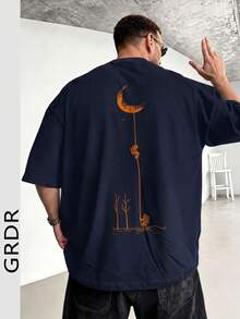 GRDR 男士时尚印花宽松短袖T恤 | 精致设计 | 夏季必备 | 易于搭配，展现您的风格 - 藏蓝色 - 查看 2