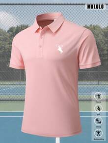 Classic Light Pink Short Sleeve Polo Shirt For Men White Embroidered Horse Logo, Casual Versatile Top For Everyday Daily Outings Sports - Pink - View 2