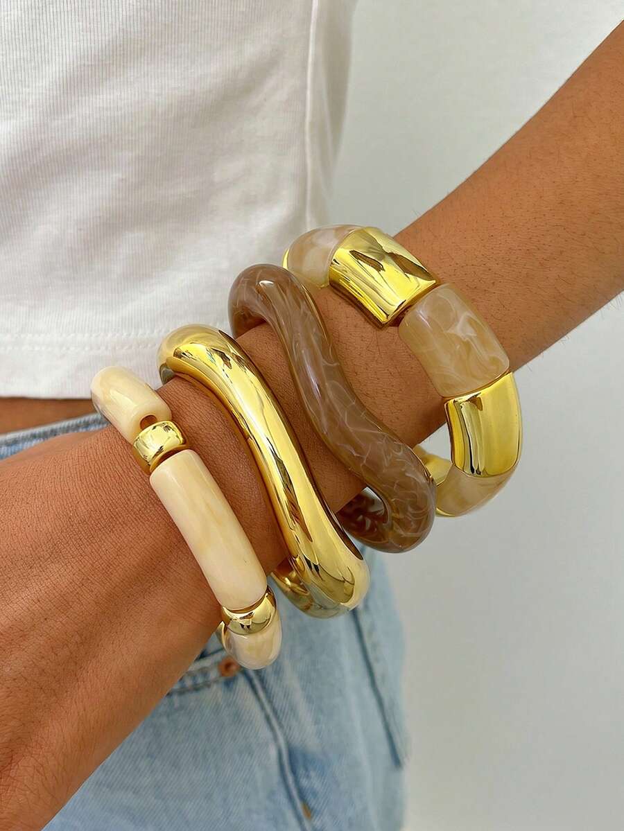 Bohemian Style 4pcs/3pcs/1pc Vintage Elegant Fashion Gentle Boho Vacation Style Geometric Asymmetrical Exaggerated Thick Water Wave Cloud Mist Tie Dye Brown Beige Green Leopard Print Resin Acrylic Spliced Bangle Stackable Curved Elastic Bamboo Joint Golden CCB Open Cuff Bracelet Set Minimalist Premium Basic Casual Multi-Piece Stackable Bracelet Suitable For Women Summer Beach Vacation Party Date Gift Daily Wear Versatile Accessory - Multicolor - View 1