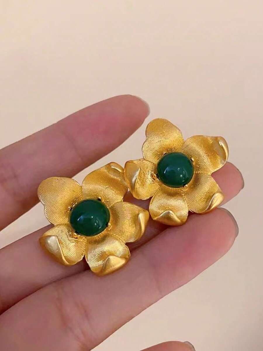 1對花朵耳環 時尚個性款 適合女性日常通勤 - 金色 - 查看 1