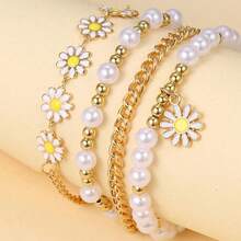 4pcs Daisy Flower Faux Pearl Layered Bracelet Set Boho Style Gold Tone Chain Bracelets For Women Daily Party Jewelry Gift - Multicolor - View 2