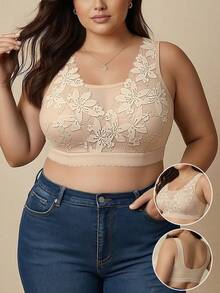 Plus Size Apricot Strapless Bra For Women, Thin Lace Mesh Wireless Lift & Gather Sexy Vacation Bra - Apricot - View 1