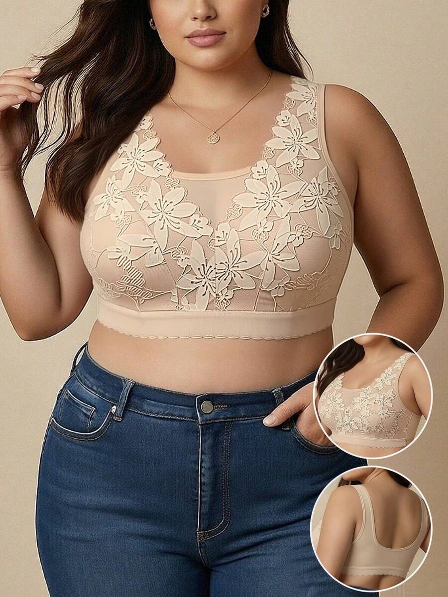 Plus Size Apricot Strapless Bra For Women, Thin Lace Mesh Wireless Lift & Gather Sexy Vacation Bra - Apricot - View 1