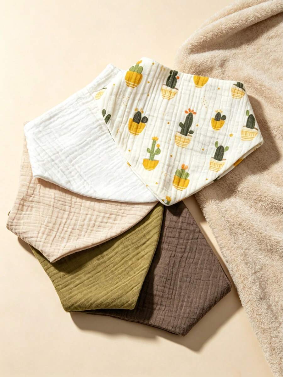 5pcs Newborn Bibs, Printed Pattern & Solid Color, Pure Cotton Plain Weave Soft Skin-Friendly, Suitable For Boys & Girls All Seasons - 彩色 - 查看 1