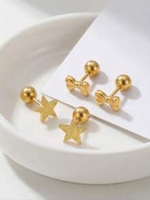2 Paar/Set Kinder Minimalistisch Süß Niedlich Exquisit Sandgestrahlt Stern und Schleife Gold Ohrstecker, Ideales Geschenk für Mädchen, Kinder, Familie, Freunde, Klassenkameraden, Schwestern, Töchter, Geeignet für Straße, Urlaub, Party, Date, Feiertag, Geburtstag, Jahrestag, Täglicher Gebrauch Schmuckzubehör - Gold - Übersicht 2