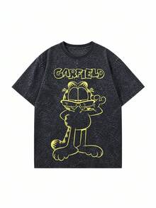 SHEIN | Garfield 女款水洗灰色T恤，街頭休閒風，黑色夏季女孩款 - 黑色 - 查看 3
